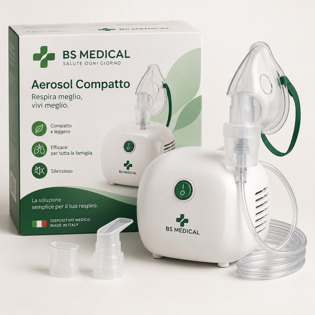 Aerosol compatto BS Medical con maschera, tubo e confezione