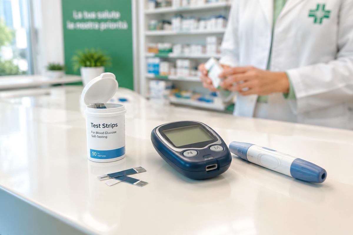 Glucometro, strisce reattive e penna pungidito sul banco della farmacia