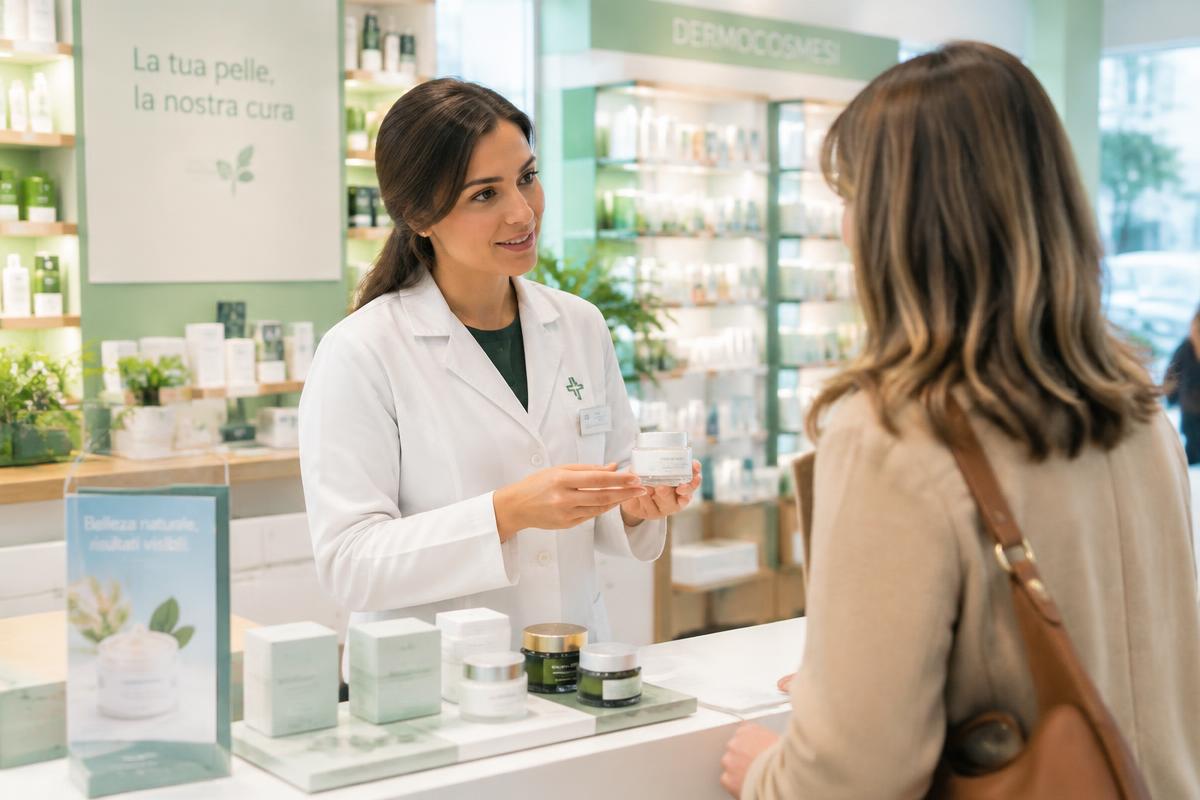 Farmacista che consiglia prodotti dermocosmetici a una cliente