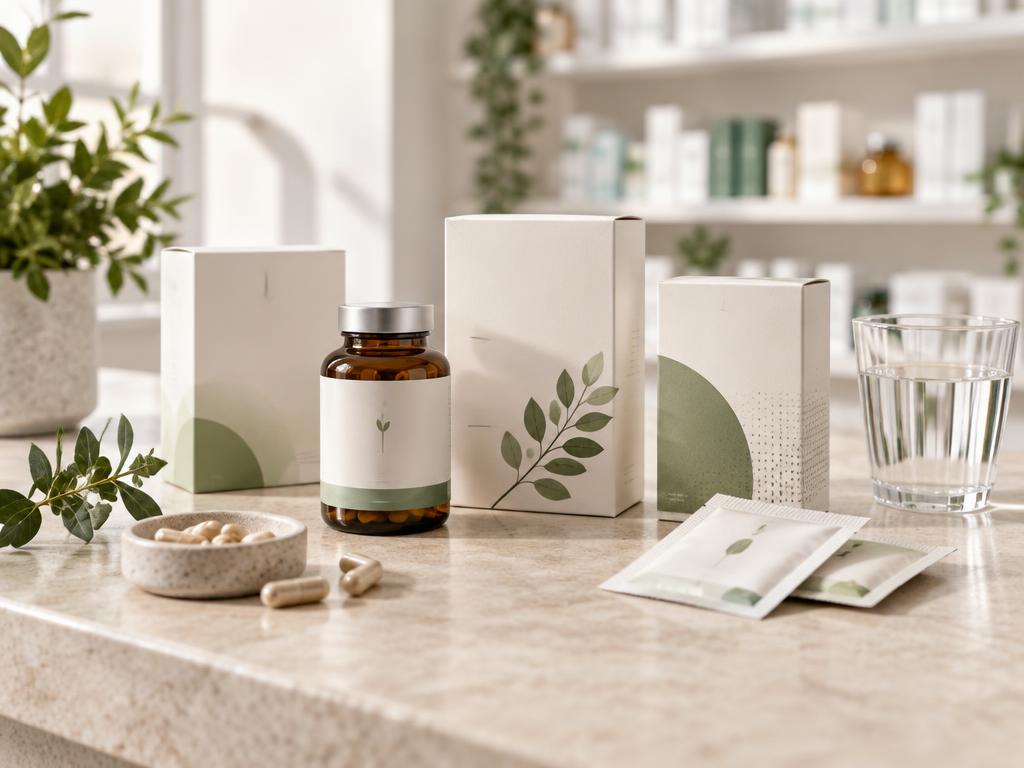 Integratori in capsule e bustine su un banco di farmacia