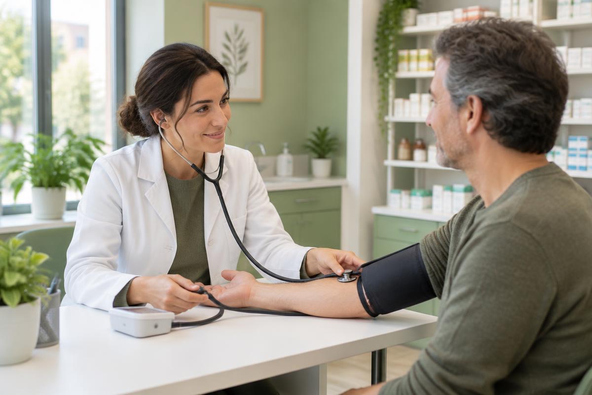 Farmacista durante la misurazione della pressione